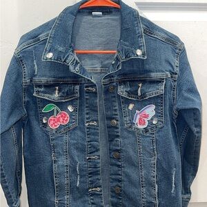 Old Navy Blue Jean Jacket with Cherry and Butterfly Patches